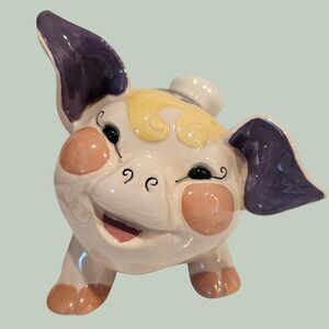 Kay Finch California Art Pottery Pig Figurine Hand Painted‎ Floral Pansy Vintage